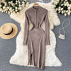 SINGREINY Design Irregular Knitted Dress Korean Elastic Slim Dress Autumn Winter Sexy Bodycon Zipper Split Sweater Dress