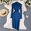 SINGREINY Design Irregular Knitted Dress Korean Elastic Slim Dress Autumn Winter Sexy Bodycon Zipper Split Sweater Dress