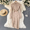 SINGREINY Design Irregular Knitted Dress Korean Elastic Slim Dress Autumn Winter Sexy Bodycon Zipper Split Sweater Dress