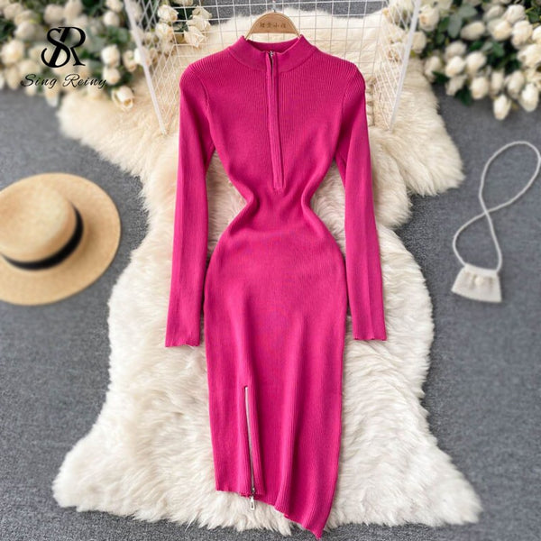 SINGREINY Design Irregular Knitted Dress Korean Elastic Slim Dress Autumn Winter Sexy Bodycon Zipper Split Sweater Dress