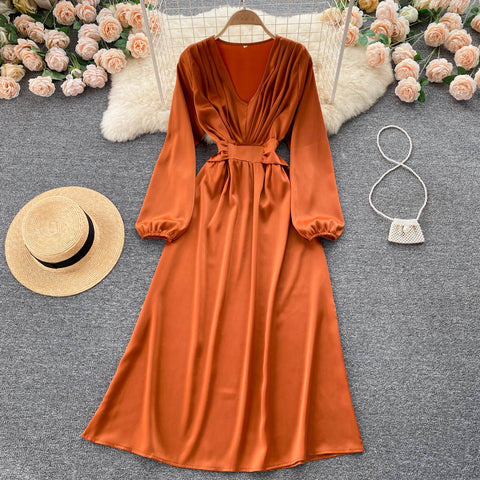 SINGREINY Elegant French Women Dress Long Sleeve V Neck A-line Solid Office Dresses Casual Streetwear 2022 Autumn Long Dress New