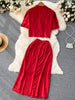 SINGREINY Ladies Autumn OL Sets Summer V Neck Short Suit Coat Top+Chic Button Midi Long Skirt Split Two Pieces Suits