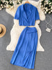 SINGREINY Ladies Autumn OL Sets Summer V Neck Short Suit Coat Top+Chic Button Midi Long Skirt Split Two Pieces Suits