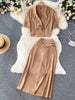 SINGREINY Ladies Autumn OL Sets Summer V Neck Short Suit Coat Top+Chic Button Midi Long Skirt Split Two Pieces Suits