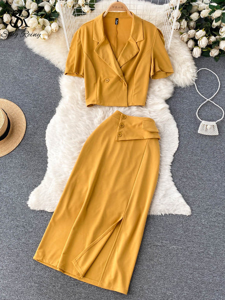 SINGREINY Ladies Autumn OL Sets Summer V Neck Short Suit Coat Top+Chic Button Midi Long Skirt Split Two Pieces Suits