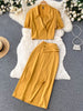 SINGREINY Ladies Autumn OL Sets Summer V Neck Short Suit Coat Top+Chic Button Midi Long Skirt Split Two Pieces Suits