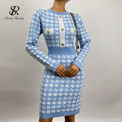 SINGREINY Retro Houndstooth Plaid Knitted Dress Women Long Sleeve Slim Pencil Dress Autumn Winter Sexy Bodycon Sweater Dress