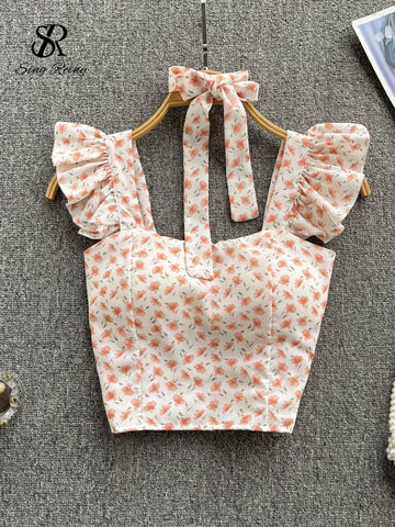 SINGREINY Summer Chiffon Backless Crop Tops Women Strapless Ruffled French Elastic Waist Tank Top Ladies Floral Print Camisole