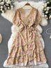SINGREINY Summer Chiffon Floral Dress Women V neck Lace Bow Sweet Party Sundress Ladies Korean Print Flower Beach Midi Dress