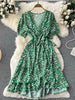 SINGREINY Summer Chiffon Floral Dress Women V neck Lace Bow Sweet Party Sundress Ladies Korean Print Flower Beach Midi Dress