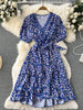 SINGREINY Summer Chiffon Floral Dress Women V neck Lace Bow Sweet Party Sundress Ladies Korean Print Flower Beach Midi Dress