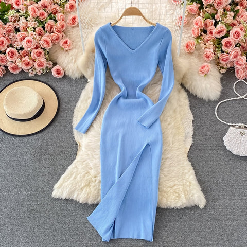 SINGREINY Women Autumn Knitted Dress Vintage Korean Elastic Slim Pencil Dress Winter Sexy Bodycon Split Sweater Dress