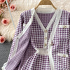 SINGREINY Women Autumn Winter Houndstooth Knitted Set Long Sleeve Single Breasted Cardigan+Sleeveless Tank Dress Two Piece Suits