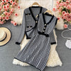 SINGREINY Women Autumn Winter Houndstooth Knitted Set Long Sleeve Single Breasted Cardigan+Sleeveless Tank Dress Two Piece Suits