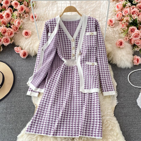 SINGREINY Women Autumn Winter Houndstooth Knitted Set Long Sleeve Single Breasted Cardigan+Sleeveless Tank Dress Two Piece Suits