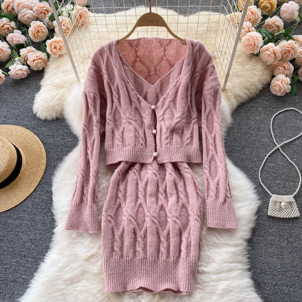 SINGREINY Women Autumn Winter Korean Knitted Set Long Sleeve Button Loose Cardigan+Sleeveless Slim Strap Dress Two Piece Suits