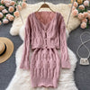 SINGREINY Women Autumn Winter Korean Knitted Set Long Sleeve Button Loose Cardigan+Sleeveless Slim Strap Dress Two Piece Suits