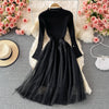 SINGREINY Women Elegant French Dress Splice Knitted Split Long Sleeve Mesh A-line Dresses Autumn Streetwear Midi Dress