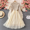 SINGREINY Women Elegant French Dress Splice Knitted Split Long Sleeve Mesh A-line Dresses Autumn Streetwear Midi Dress