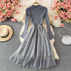 SINGREINY Women Elegant French Dress Splice Knitted Split Long Sleeve Mesh A-line Dresses Autumn Streetwear Midi Dress