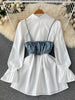 SINGREINY Women Denim Camis Two Pieces Suits Flare Sleeve White Shirt Dress+Denim Camisole Slim Suits Autumn Retro Sets