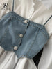 SINGREINY Women Denim Camis Two Pieces Suits Flare Sleeve White Shirt Dress+Denim Camisole Slim Suits Autumn Retro Sets