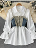 SINGREINY Women Denim Camis Two Pieces Suits Flare Sleeve White Shirt Dress+Denim Camisole Slim Suits Autumn Retro Sets