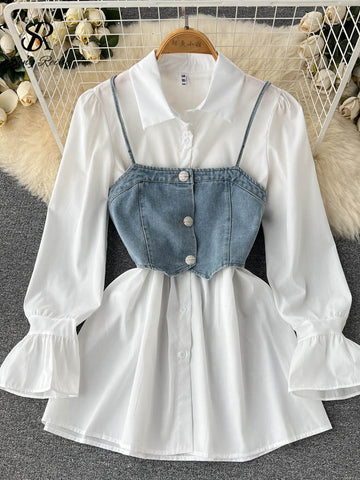 SINGREINY Women Denim Camis Two Pieces Suits Flare Sleeve White Shirt Dress+Denim Camisole Slim Suits Autumn Retro Sets