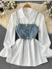 SINGREINY Women Denim Camis Two Pieces Suits Flare Sleeve White Shirt Dress+Denim Camisole Slim Suits Autumn Retro Sets