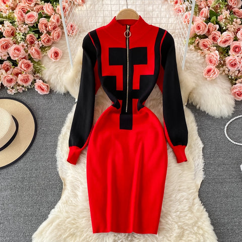 SINGREINY Women Knitted Pencil Dress Design Zipper Stand Collar Long Sleeve Slim Dress Autumn Winter Sexy Bodycon Sweater Dress
