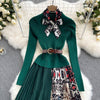 SINGREINY Women Korean Pleated Dress Elegant French Design Splice Knitted Print A-line Dresses 2022 Autumn Streetwear Midi Dress