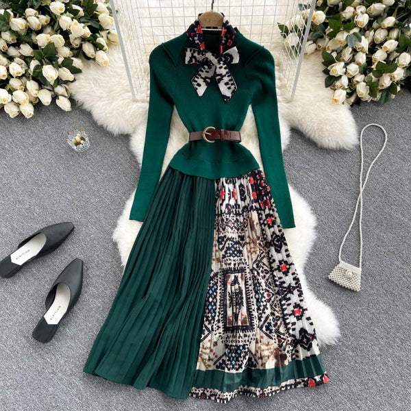 SINGREINY Women Korean Pleated Dress Elegant French Design Splice Knitted Print A-line Dresses 2022 Autumn Streetwear Midi Dress