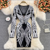 SINGREINY Women Retro Print Knitted Dress Long Sleeve V Neck Elastic Slim Sheath Dress Autumn Winter Sexy Bodycon Sweater Dress