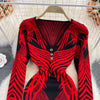 SINGREINY Women Retro Print Knitted Dress Long Sleeve V Neck Elastic Slim Sheath Dress Autumn Winter Sexy Bodycon Sweater Dress