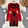 SINGREINY Women Retro Print Knitted Dress Long Sleeve V Neck Elastic Slim Sheath Dress Autumn Winter Sexy Bodycon Sweater Dress