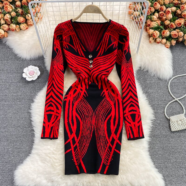 SINGREINY Women Retro Print Knitted Dress Long Sleeve V Neck Elastic Slim Sheath Dress Autumn Winter Sexy Bodycon Sweater Dress