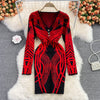 SINGREINY Women Retro Print Knitted Dress Long Sleeve V Neck Elastic Slim Sheath Dress Autumn Winter Sexy Bodycon Sweater Dress