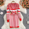SINGREINY Women Retro Print Knitted Dress Long Sleeve V Neck Slim Pencil Dresses Autumn Winter Sexy Bodycon Warm Sweater Dress