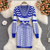 SINGREINY Women Retro Print Knitted Dress Long Sleeve V Neck Slim Pencil Dresses Autumn Winter Sexy Bodycon Warm Sweater Dress