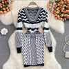 SINGREINY Women Retro Print Knitted Dress Long Sleeve V Neck Slim Pencil Dresses Autumn Winter Sexy Bodycon Warm Sweater Dress