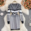 SINGREINY Women Retro Print Knitted Dress Long Sleeve V Neck Slim Pencil Dresses Autumn Winter Sexy Bodycon Warm Sweater Dress