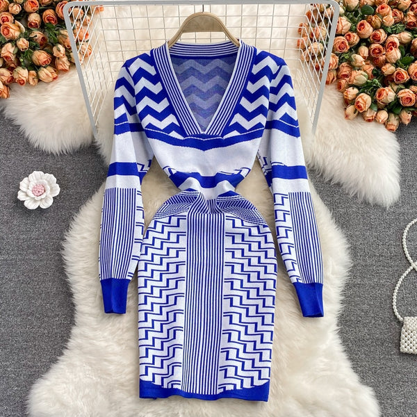SINGREINY Women Retro Print Knitted Dress Long Sleeve V Neck Slim Pencil Dresses Autumn Winter Sexy Bodycon Warm Sweater Dress