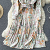 SINGREINY Women Retro Print Pleated Dress Turndown-Collar Long Sleeve Belt A-line Dresses Autumn Bohemian Vacation Midi Dress