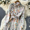 SINGREINY Women Retro Print Pleated Dress Turndown-Collar Long Sleeve Belt A-line Dresses Autumn Bohemian Vacation Midi Dress
