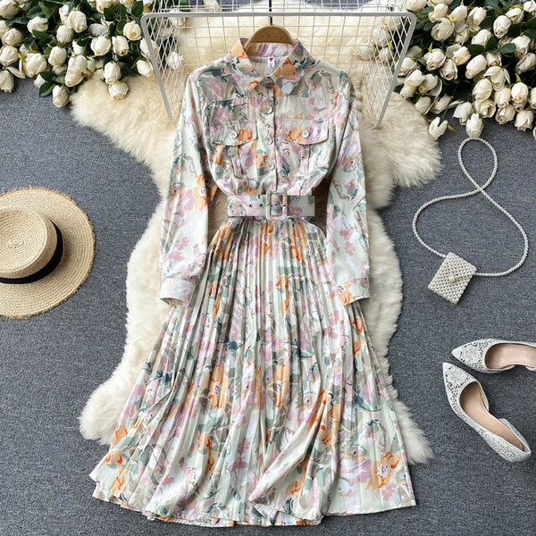 SINGREINY Women Retro Print Pleated Dress Turndown-Collar Long Sleeve Belt A-line Dresses Autumn Bohemian Vacation Midi Dress