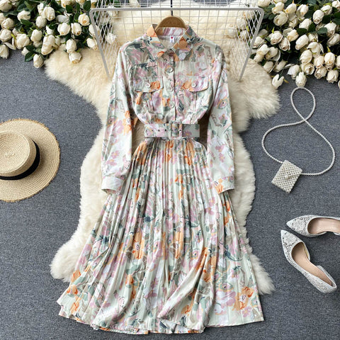 SINGREINY Women Retro Print Pleated Dress Turndown-Collar Long Sleeve Belt A-line Dresses Autumn Bohemian Vacation Midi Dress