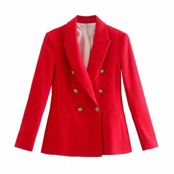 SLMD Stylish Elegant Red Texture Double Breasted Slim Blazers Women Pockets Notched Blazer Coats Ladies Chic Office Wear
