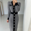 SMTHMA 2022 Autumn Winter V-Meck Sweater Dress Korea Chic Single-Breasted Houndstooth Knit Long Dress Vestidos