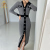 SMTHMA 2022 Autumn Winter V-Meck Sweater Dress Korea Chic Single-Breasted Houndstooth Knit Long Dress Vestidos