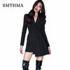SMTHMA Autumn Runway 2 Pieces Set Women Long Sleeve Striped Black Blazer Coat With Irregular Fold Midi Skirt Female 2022